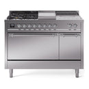 ILVE Nostalgie II 48-Inch  Propane Gas Dual Fuel Range  with 5 Burners, Griddle, & French Top, with Solid Door Oven in Stainless Steel with Chrome Trim (UP48FSQNMPSSC)