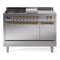 ILVE Nostalgie II 48-Inch Dual Fuel Range with 5 Burners, Griddle, & French Top, with Solid Door Oven in Stainless Steel with Brass Trim (UP48FSQNMPSSG)