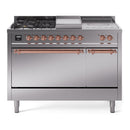 ILVE Nostalgie II 48 inch Propane Gas Range with 8 Sealed Burners, Griddle with Triple Glass Door in Stainless Steel with Copper Trim