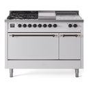 ILVE Nostalgie II 48 inch Propane Gas Range with 8 Sealed Burners, Griddle with Triple Glass Door in White with Burnished Trim