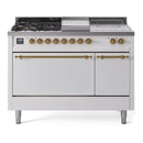 ILVE Nostalgie II 48 inch Propane Gas Range with 8 Sealed Burners, Griddle with Triple Glass Door in White with Brass Trim