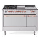 ILVE Nostalgie II 48 inch Propane Gas Range with 8 Sealed Burners, Griddle with Triple Glass Door in White with Copper Trim