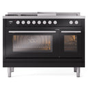 ILVE Professional Plus II 48-Inch 3.5 + 1.52 Cu. Ft. Dual Fuel Range with 5 Burners, Griddle, French Top and Triple Glass Door Oven in Glossy Black (UP48FSWMPBK)