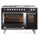 ILVE Professional Plus II 48-Inch 3.5 + 1.52 Cu. Ft. Dual Fuel Range with 5 Burners, Griddle, French Top and Triple Glass Door Oven in Glossy Black (UP48FSWMPBK)