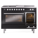 ILVE Professional Plus II 48-Inch 3.5 + 1.52 Cu. Ft. Dual Fuel Range with 5 Burners, Griddle, French Top and Triple Glass Door Oven in Glossy Black (UP48FSWMPBK)