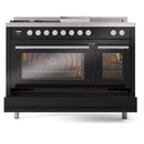 ILVE Professional Plus II 48-Inch 3.5 + 1.52 Cu. Ft. Dual Fuel Range with 5 Burners, Griddle, French Top and Triple Glass Door Oven in Glossy Black (UP48FSWMPBK)