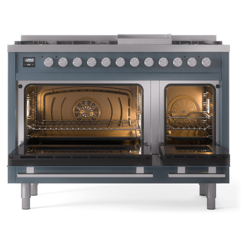 ILVE 48-Inch Professional Plus II Freestanding Dual Fuel Range with 8 Sealed Burner and Removable Griddle in Blue Grey (UP48FWMPBG)
