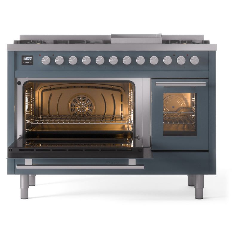 ILVE 48-Inch Professional Plus II Freestanding Dual Fuel Range with 8 Sealed Burner and Removable Griddle in Blue Grey (UP48FWMPBG)