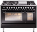 ILVE 48-Inch Professional Plus II Freestanding Dual Fuel Range with 8 Sealed Burner and Removable Griddle in Glossy Black (UP48FWMPBK)