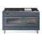 ILVE Nostalgie II 60-Inch Dual Fuel Freestanding Range with Removable Griddle in Blue Grey with Chrome Trim (UP60FNMPBGC)