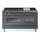ILVE Nostalgie II 60-Inch Dual Fuel Freestanding Range with Removable Griddle in Blue Grey with Brass Trim (UP60FNMPBGG)