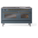 ILVE Nostalgie II 60-Inch Dual Fuel Freestanding Range with Removable Griddle in Blue Grey with Brass Trim (UP60FNMPBGG)