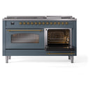 ILVE Nostalgie II 60-Inch Dual Fuel Freestanding Range with Removable Griddle in Blue Grey with Brass Trim (UP60FNMPBGG)