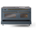 ILVE Nostalgie II 60-Inch Dual Fuel Freestanding Range with Removable Griddle in Blue Grey with Brass Trim (UP60FNMPBGG)