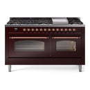 ILVE 60-Inch Nostalgie II Dual Fuel Range with 9 Burners, Griddle and Triple Glass Door Oven in Burgundy with Copper Trim (UP60FNMPBUP)