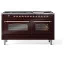 ILVE 60-Inch Nostalgie II  Propane Gas Dual Fuel Range  with 9 Burners, Griddle and Triple Glass Door Oven in Burgundy with Copper Trim (UP60FNMPBUP)