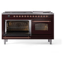 ILVE 60-Inch Nostalgie II  Propane Gas Dual Fuel Range  with 9 Burners, Griddle and Triple Glass Door Oven in Burgundy with Copper Trim (UP60FNMPBUP)