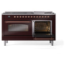 ILVE 60-Inch Nostalgie II Dual Fuel Range with 9 Burners, Griddle and Triple Glass Door Oven in Burgundy with Copper Trim (UP60FNMPBUP)