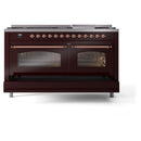 ILVE 60-Inch Nostalgie II  Propane Gas Dual Fuel Range  with 9 Burners, Griddle and Triple Glass Door Oven in Burgundy with Copper Trim (UP60FNMPBUP)