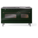 ILVE 60-Inch Nostalgie II  Propane Gas Dual Fuel Range  with 9 Burners, Griddle and Triple Glass Door Oven in Emerald Green with Bronze Trim (UP60FNMPEGB)