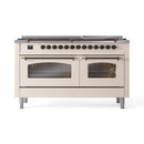ILVE 60-Inch Nostalgie II  Propane Gas Dual Fuel Range  with 9 Burners, Griddle and Triple Glass Door Oven in Antique White with Bronze Trim (UP60FNMPAWB)