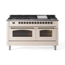 ILVE 60-Inch Nostalgie II  Propane Gas Dual Fuel Range  with 9 Burners, Griddle and Triple Glass Door Oven in Antique White with Bronze Trim (UP60FNMPAWB)