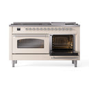 ILVE 60-Inch Nostalgie II Dual Fuel Range with 9 Burners, Griddle and Triple Glass Door Oven in Antique White with Chrome Trim (UP60FNMPAWC)