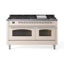 ILVE 60-Inch Nostalgie II  Propane Gas Dual Fuel Range  with 9 Burners, Griddle and Triple Glass Door Oven in Antique White with Chrome Trim (UP60FNMPAWC)