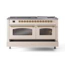 ILVE 60-Inch Nostalgie II Dual Fuel Range with 9 Burners, Griddle and Triple Glass Door Oven in Antique White with Brass Trim (UP60FNMPAWG)