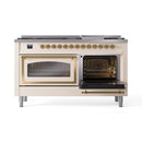 Antique white dual fuel range with brass trim; one oven door open showing racks