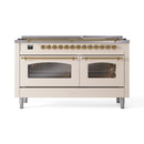 ILVE 60-Inch Nostalgie II Dual Fuel Range with 9 Burners, Griddle and Triple Glass Door Oven in Antique White with Brass Trim (UP60FNMPAWG)
