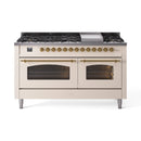 ILVE 60-Inch Nostalgie II Dual Fuel Range with 9 Burners, Griddle and Triple Glass Door Oven in Antique White with Brass Trim (UP60FNMPAWG)
