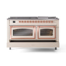 Antique white dual-fuel range with copper-trim control knobs and two closed oven doors