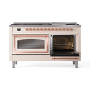 Antique white dual fuel range with left oven door open and copper control knobs
