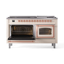 Antique white dual fuel range with left oven door open and right oven door closed