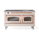 Antique white dual fuel range with two oven doors open and copper-trimmed controls
