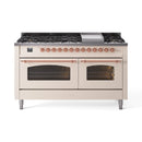 ILVE 60-Inch Nostalgie II Dual Fuel Range with 9 Burners, Griddle and Triple Glass Door Oven in Antique White with Copper Trim (UP60FNMPAWP)