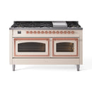 Antique white dual fuel range with copper control knobs and black burner grates