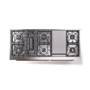Dual-fuel range rear burner layout with exposed manifold and copper trim bar