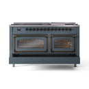 Blue grey dual-fuel range with bronze-trimmed oven doors and multiple sealed burners