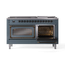 Blue grey dual-fuel range with two ovens, one door open, showing oven racks and burners