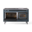 Blue grey dual-fuel range with left oven door open and right oven with glass window
