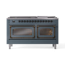 Blue grey dual-fuel range with bronze-trimmed oven doors and sealed burner control knobs