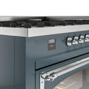 Blue grey dual fuel range control panel with knob handles and digital display