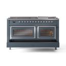 Blue grey gas dual fuel range with chrome trim, dual oven doors, and control knobs