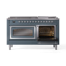 Blue-grey dual fuel range with one open oven door and chrome oven trim