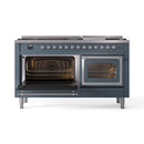 Blue-grey dual fuel range with both oven doors open, showing interior racks