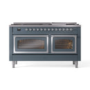 Blue-grey dual fuel range front with two closed ovens and chrome door surrounds