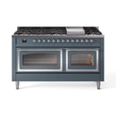 Blue-grey dual fuel range with griddle and burner row above two glass oven doors