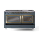 ILVE dual-fuel gas range front, blue-grey with brass trim, both oven doors closed